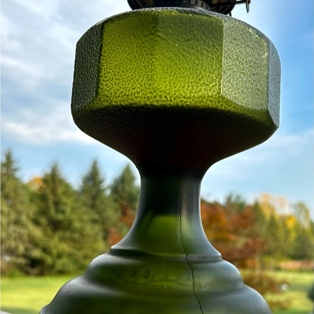 Vintage P & A Risdon Green Glass Oil Lamp Base With Burner And Chimney - Picture 9 of 13